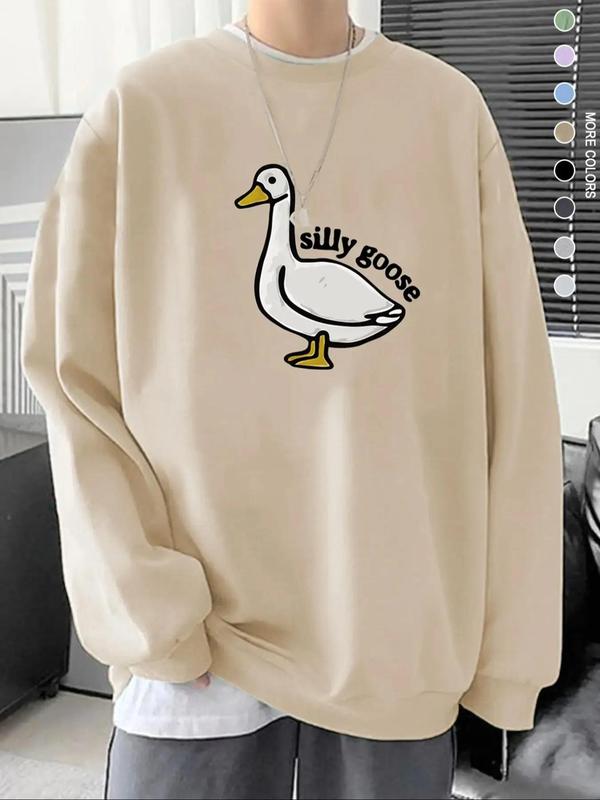 Men's Cartoon Goose & Letter Print Drop Shoulder Graphic Sweatshirt, Essentials Matching Sweatshirts , Regular Fit Casual Long Sleeve Round Neck Sweatshirts, Back-to-school Clothing, Trendy Menswear Tops, Fall Men's Drippy Outfits, Fall Outfits