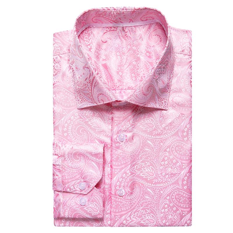 Mens Long Sleeve Dinner Shirt Light Pink Jacquard Paisley Top Collar Casual Classic Menswear men s Elastic Polyester