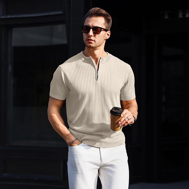 Mens Zipper Polo Shirts Stripe Ribbed Knit Short Sleeve Casual Quarter Zip Golf Shirt knit  jumpers summer clothes v neck Fabric Menswear Men's Half