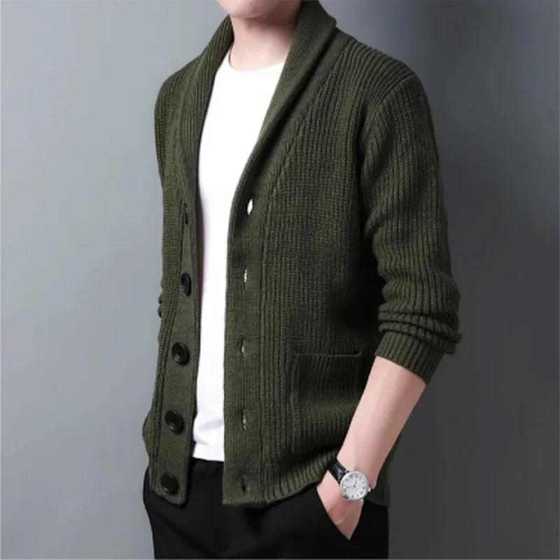 Army green cardigan men button-up sweater autumn winter knitted coat thick warm casual solid streetwear men's fashion clothing