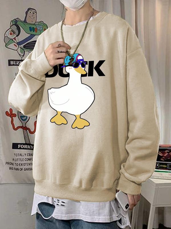 Men's Cartoon Goose & Letter Print Drop Shoulder Graphic Sweatshirt, Essentials Matching Sweatshirts , Regular Fit Casual Long Sleeve Round Neck Sweatshirts, Back-to-school Clothing, Trendy Menswear Tops, Fall Men's Drippy Outfits, Fall Outfits