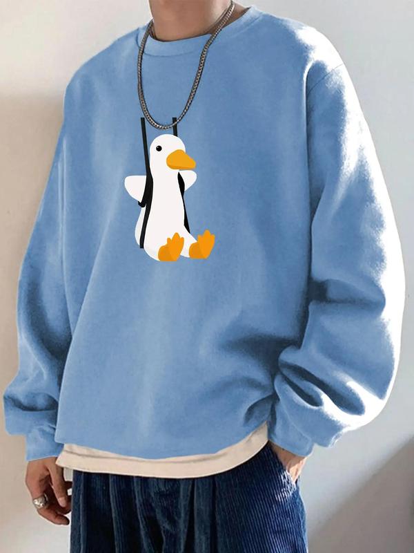 Men's Cartoon Goose & Letter Print Drop Shoulder Graphic Sweatshirt, Essentials Matching Sweatshirts , Regular Fit Casual Long Sleeve Round Neck Sweatshirts, Back-to-school Clothing, Trendy Menswear Tops, Fall Men's Drippy Outfits, Fall Outfits