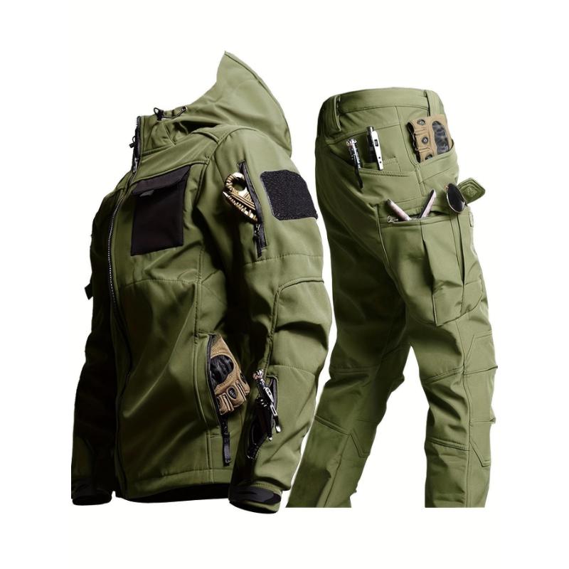 Men's Casual 2-Piece Outdoor Outfit, Men's Multi-Pocket Hooded Zip-Up Jacket, Windproof Waterproof Cargo Pants