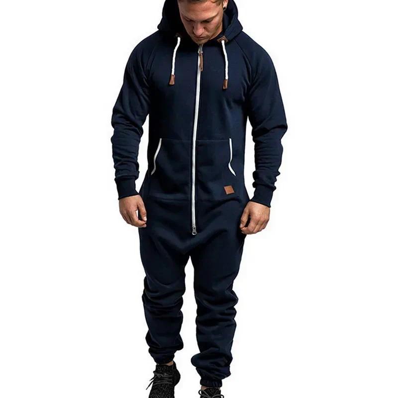 Mens Onesie Jumpsuit Pajamas Long Sleeve Sweatpants Pure Color Splicing Autumn Winter Casual Hoodie Male Zipper Jumpsuit