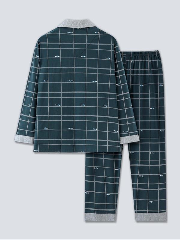 Two-Piece Set Men's Plaid Print Button Front Pocket Shirt & Elastic Waist Pants Pajama, Regular Fit Casual Comfy Long Sleeve Lapel Collar Top & Trousers PJ Set, Men's Sleepwear for Spring & Fall