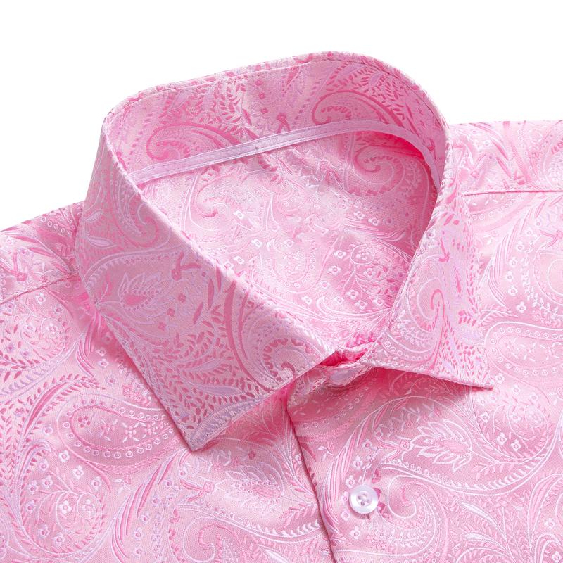 Mens Long Sleeve Dinner Shirt Light Pink Jacquard Paisley Top Collar Casual Classic Menswear men s Elastic Polyester