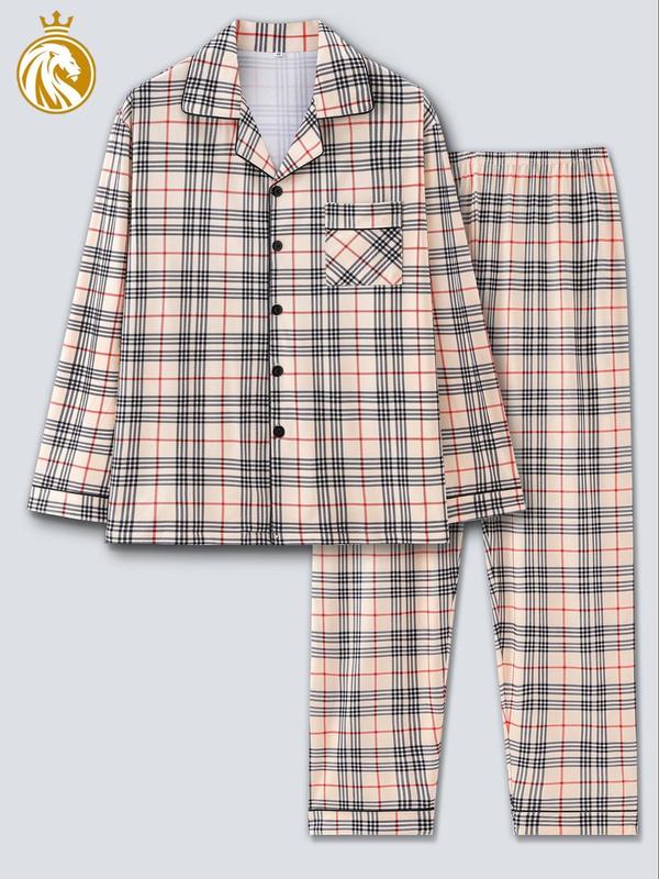 Two-Piece Set Men's Plaid Print Button Front Pocket Shirt & Elastic Waist Pants Pajama, Regular Fit Casual Comfy Long Sleeve Lapel Collar Top & Trousers PJ Set, Men's Sleepwear for Spring & Fall