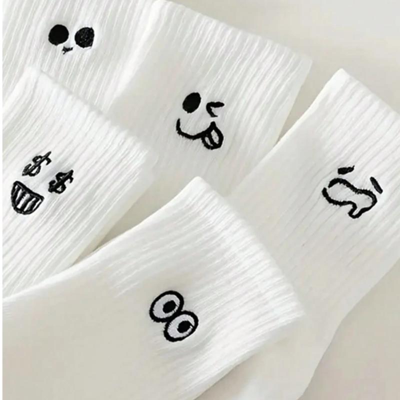 5pairs set Men's & Women's White Funny Face Mid-calf Socks Ins Couple Socks For Casual, Student, Autumn & Winter