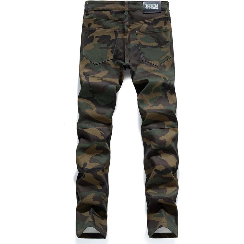 Casual Military Cargo Pants Jeans Camo Trousers Ripped Holes Denim Biker Fashion Menswear Clothing Distressed Hipster Natural Outdoor Patchwork Personalized Ripped Jeans Shoe Slim Fit Straight Street Style Stylish Tops Streetwear Camouflage  Shoe Slim Fit