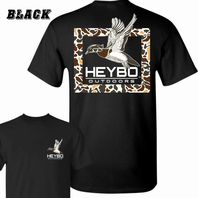 Heybo Outdoors T-Shirt - Featuring A Flying Duck And Camo Pattern Design , Premium Outdoor-Themed Apparel , Casual Wear For Men And Women , Perfect For Hunting Trips And Everyday Comfort Menswear Crewneck Top Classic Unisex Streetwear