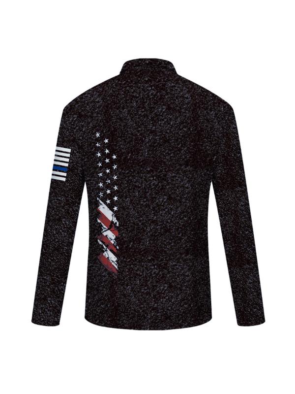 Men's American Flag Print Zipper Polo Shirt, Regular Fit Casual Long Sleeve Collared Top for All Seasons, Fashion Men's Clothes for Daily Wear