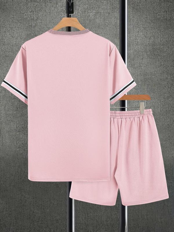 Two-piece Set Men's Contrast Binding Tee & Drawstring Waist Shorts Set, Casual Short Sleeve Round Neck T-shirt & Pocket Track Shorts,  Full Sets Men Outfit, Summer Outfits Clothes Set for Men