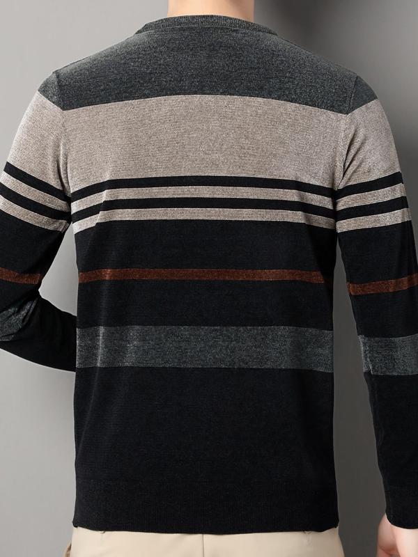 Men's Regular Fit Letter & Striped Print Round Neck Sweater Pullover, Casual Long Sleeve Crew Neck Jumper for Fall & Winter, Fashion Men's Knitwear for Daily Wear