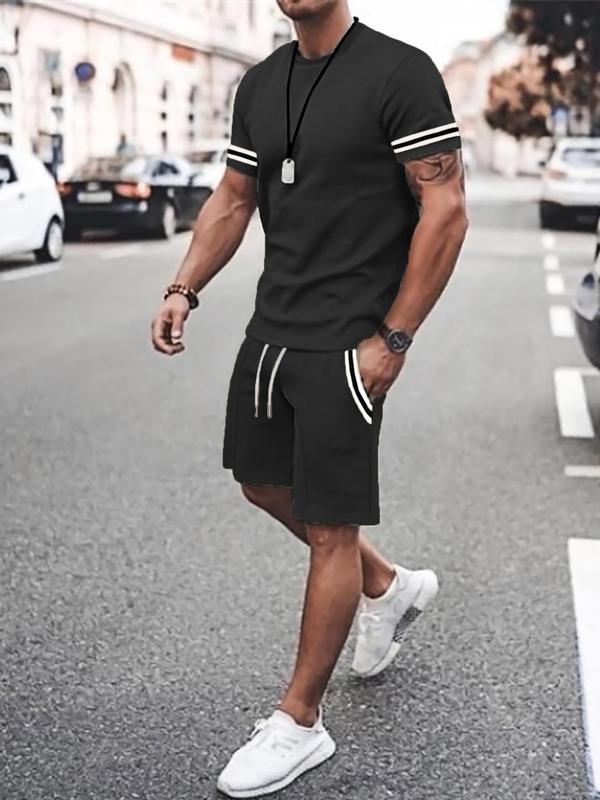 Two-piece Set Men's Contrast Binding Tee & Drawstring Waist Shorts Set, Casual Short Sleeve Round Neck T-shirt & Pocket Track Shorts,  Full Sets Men Outfit, Summer Outfits Clothes Set for Men