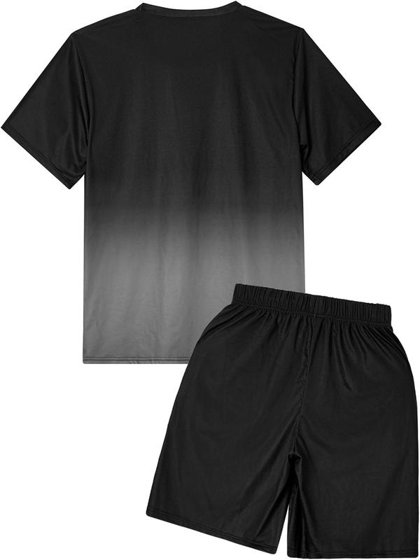 Two Counts Men's Ombre Letter Print Short Sleeve Tee & Plain Drawstring Waist Shorts Set, Regular Fit Casual Round Neck T-shirt & Pocket Track Shorts, Fashion Breathable Men Two-piece Outfits for Summer