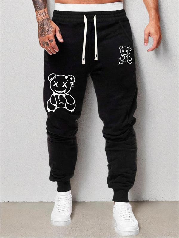 Men's Y2k Cartoon Bear Graphic Drawstring Waist Pro Club Sweatpants, Fall Outfits, Fallfreshness Men's Clothing, Regular Fit Jogger Trousers, 2000s Pants for Men, Street Menswear, Pants Outfits, Knitting Bottoms for Fall, Lazy School Outfit, Pants for Men