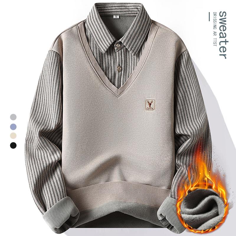 Male Fleece Polo Shirt Men's Pullover Autumn Winter T-shirt Collar Sweaters Cold Blouse Navy Blue Khaki Korean Clothing