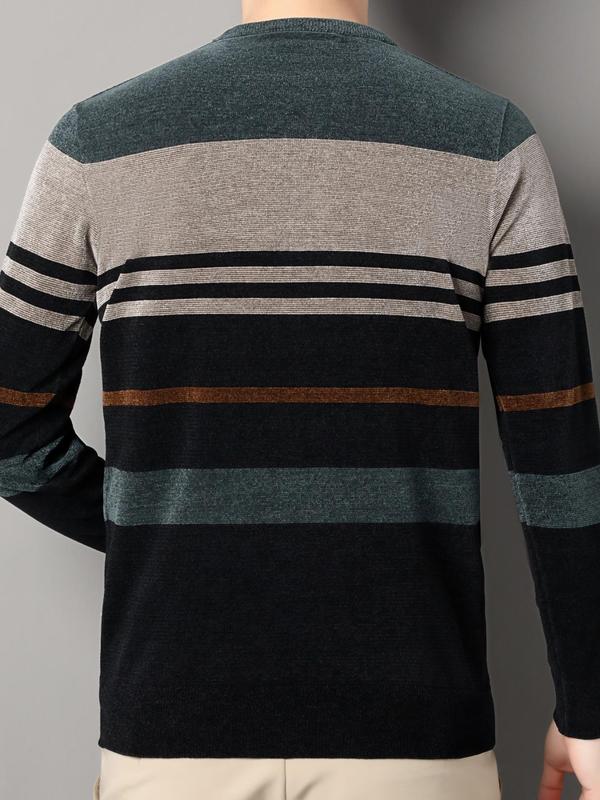 Men's Regular Fit Letter & Striped Print Round Neck Sweater Pullover, Casual Long Sleeve Crew Neck Jumper for Fall & Winter, Fashion Men's Knitwear for Daily Wear