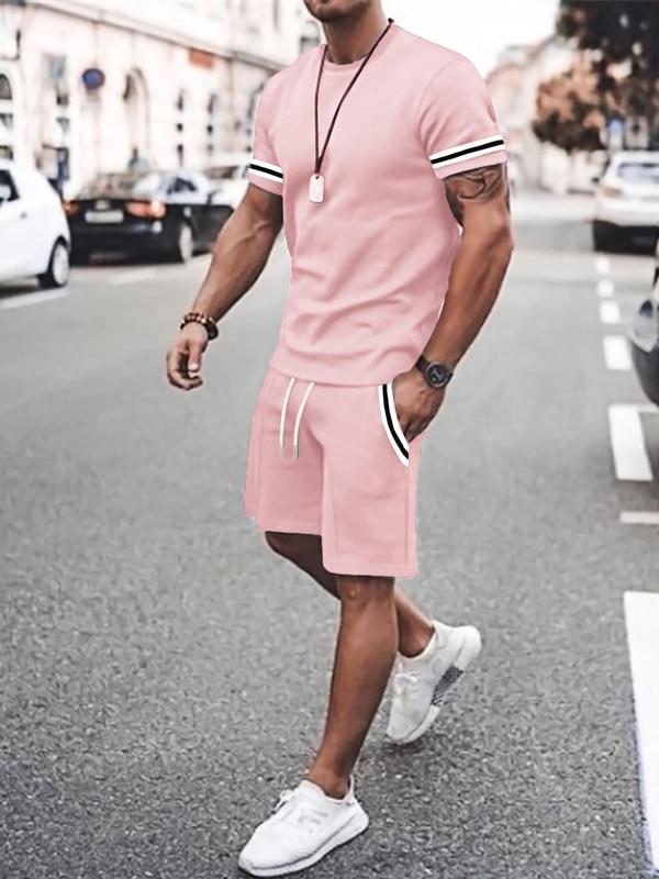 Two-piece Set Men's Contrast Binding Tee & Drawstring Waist Shorts Set, Casual Short Sleeve Round Neck T-shirt & Pocket Track Shorts,  Full Sets Men Outfit, Summer Outfits Clothes Set for Men