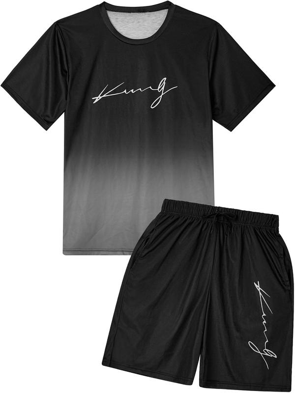 Two Counts Men's Ombre Letter Print Short Sleeve Tee & Plain Drawstring Waist Shorts Set, Regular Fit Casual Round Neck T-shirt & Pocket Track Shorts, Fashion Breathable Men Two-piece Outfits for Summer