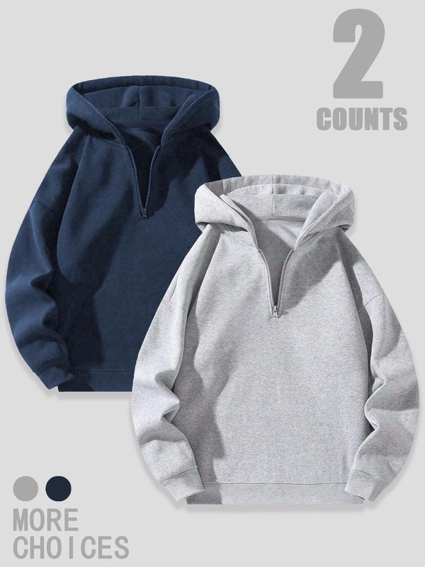 Men's Solid Drop Shoulder Half Zip Up Thermal Lined Hoodie, Fashion Casual Menswear Regular Fit Hooded Sweatshirt for Daily Outdoor Wear, Men's Tops for Fall & Winter