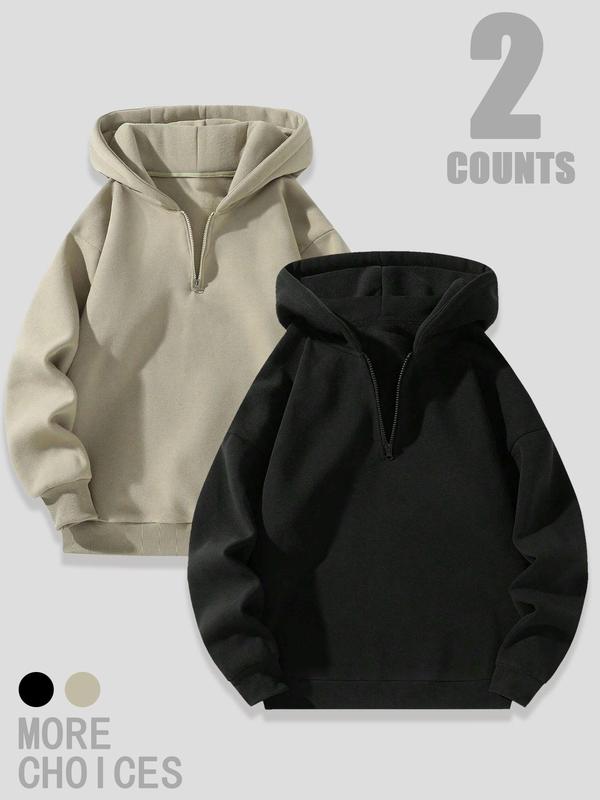 Men's Solid Drop Shoulder Half Zip Up Thermal Lined Hoodie, Fashion Casual Menswear Regular Fit Hooded Sweatshirt for Daily Outdoor Wear, Men's Tops for Fall & Winter