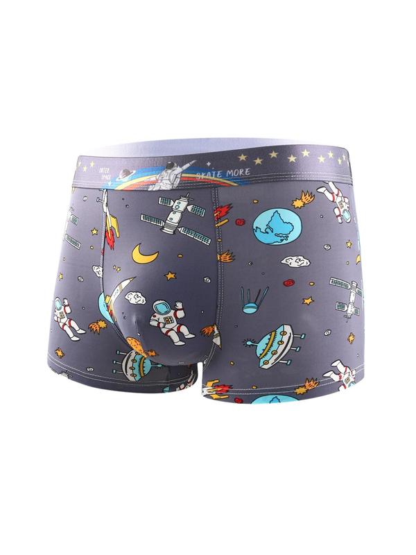 Men's 5pcs All Over Cartoon Print Boxer Briefs, Regular Fit Casual Comfy Tape Short-leg Boxer Briefs, Bf Gift Basket, Men's Underwear, Breathable Menswear