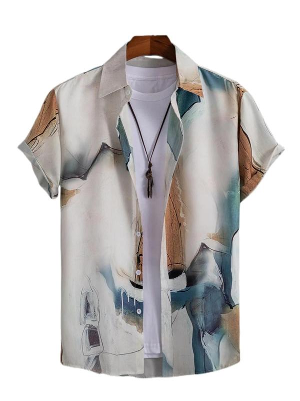 Summer Clothes, Men's All Over Print Collared Button Front Shirt Without Tee & Necklace, Casual Comfy Short Sleeve Top For Men Daily Outdoor Wear, Men Tops For Summer