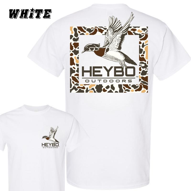 Heybo Outdoors T-Shirt - Featuring A Flying Duck And Camo Pattern Design , Premium Outdoor-Themed Apparel , Casual Wear For Men And Women , Perfect For Hunting Trips And Everyday Comfort Menswear Crewneck Top Classic Unisex Streetwear