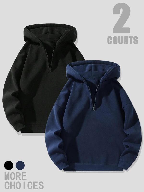 Men's Solid Drop Shoulder Half Zip Up Thermal Lined Hoodie, Fashion Casual Menswear Regular Fit Hooded Sweatshirt for Daily Outdoor Wear, Men's Tops for Fall & Winter