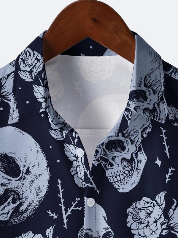 Men's All Over Skull & Floral Print Button Front Shirt, Regular Fit Casual Fashion Short Sleeve Collared Shirt for Summer, Men's Clothes for Holiday Vacation Daily Wear