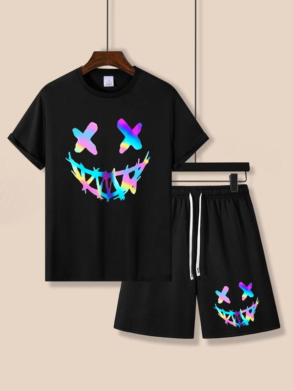 Two-Piece Set Two Counts Men's Cartoon Print Tee & Drawstring Waist Shorts Set, Summer Outfits 2024, Short Sleeve T-shirt & Shorts, Summer Streetwear Clothes Set for Daily Wear