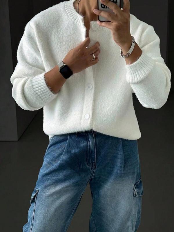 Men's Solid Color Button Front Cardigan, Casual Loose Long Sleeve Round Neck Knitwear for Fall & Winter, Men's Knit Clothing for Daily Wear