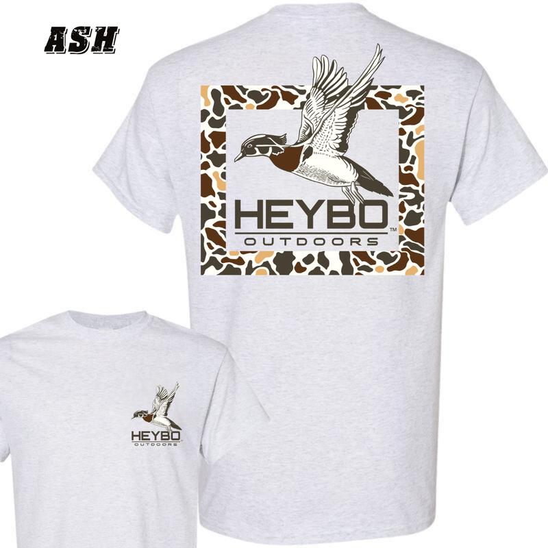 Heybo Outdoors T-Shirt - Featuring A Flying Duck And Camo Pattern Design , Premium Outdoor-Themed Apparel , Casual Wear For Men And Women , Perfect For Hunting Trips And Everyday Comfort Menswear Crewneck Top Classic Unisex Streetwear