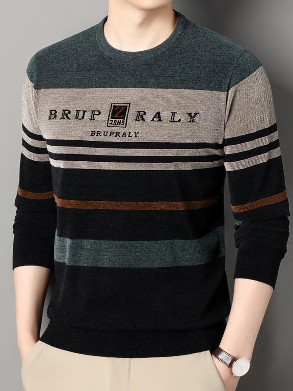 Men's Regular Fit Letter & Striped Print Round Neck Sweater Pullover, Casual Long Sleeve Crew Neck Jumper for Fall & Winter, Fashion Men's Knitwear for Daily Wear