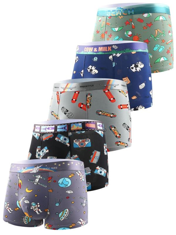 Men's 5pcs All Over Cartoon Print Boxer Briefs, Regular Fit Casual Comfy Tape Short-leg Boxer Briefs, Bf Gift Basket, Men's Underwear, Breathable Menswear