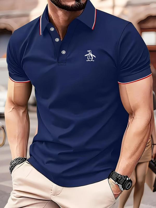 Men's Regular Fit Penguin Print Contrast Binding Short Sleeve Polo Shirt, Casual Button Front Collared Top for Summer, Fashion Men's Clothes for Daily Wear