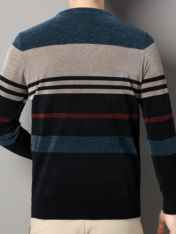 Men's Regular Fit Letter & Striped Print Round Neck Sweater Pullover, Casual Long Sleeve Crew Neck Jumper for Fall & Winter, Fashion Men's Knitwear for Daily Wear