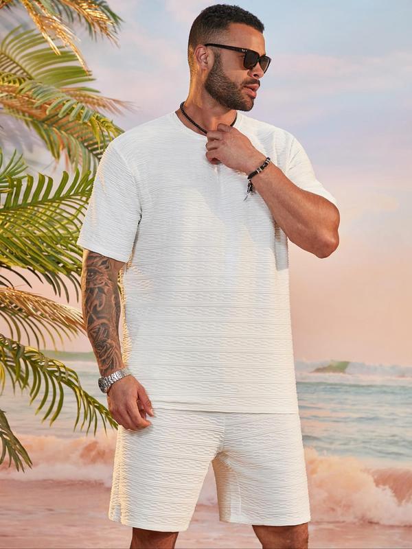 Men's Solid Textured Co-ord Set, Casual Short Sleeve Tee & Drawstring Waist Shorts Set for Summer, Men Clothes Set for Outdoor Holiday