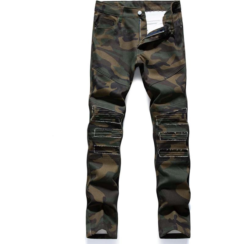 Casual Military Cargo Pants Jeans Camo Trousers Ripped Holes Denim Biker Fashion Menswear Clothing Distressed Hipster Natural Outdoor Patchwork Personalized Ripped Jeans Shoe Slim Fit Straight Street Style Stylish Tops Streetwear Camouflage  Shoe Slim Fit