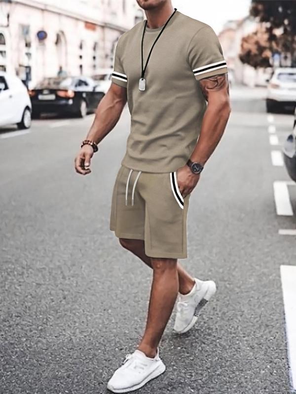 Two-piece Set Men's Contrast Binding Tee & Drawstring Waist Shorts Set, Casual Short Sleeve Round Neck T-shirt & Pocket Track Shorts,  Full Sets Men Outfit, Summer Outfits Clothes Set for Men