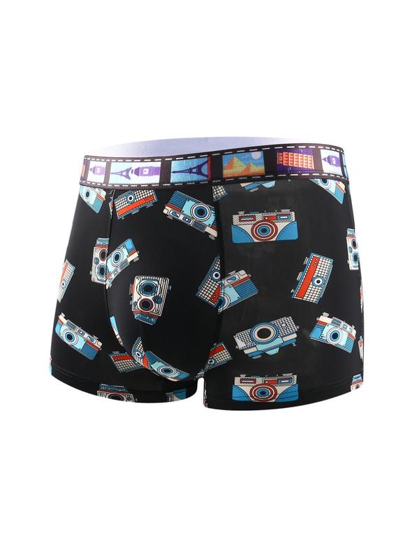 Men's 5pcs All Over Cartoon Print Boxer Briefs, Regular Fit Casual Comfy Tape Short-leg Boxer Briefs, Bf Gift Basket, Men's Underwear, Breathable Menswear