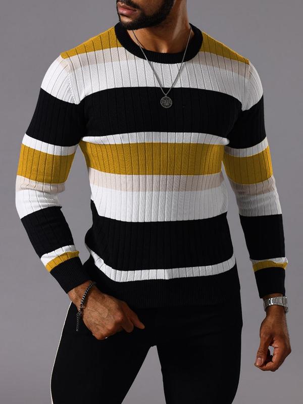 Men's Colorblock Round Neck Sweater, Regular Fit Casual Long Sleeve Crew Neck Jumper for Fall & Winter, Fashion Men's Knitwear for Daily Wear