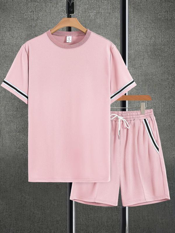 Two-piece Set Men's Contrast Binding Tee & Drawstring Waist Shorts Set, Casual Short Sleeve Round Neck T-shirt & Pocket Track Shorts,  Full Sets Men Outfit, Summer Outfits Clothes Set for Men