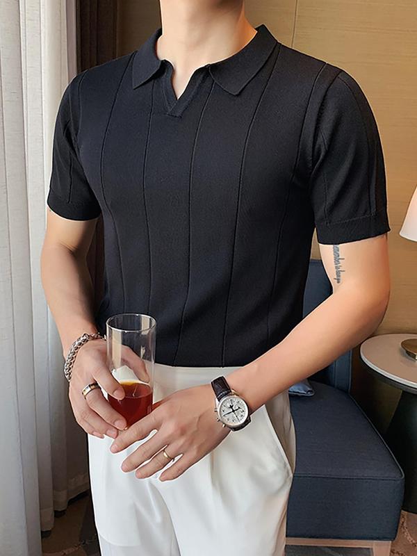 Men's Solid Thin Knit Top, Summer Clothes, Streetwear Short Sleeve Knitted Polo Shirt, Summer Casual Tops, Black T-shirt for Men, Classic Fit Men's Clothing for Business Casual Daily Wear