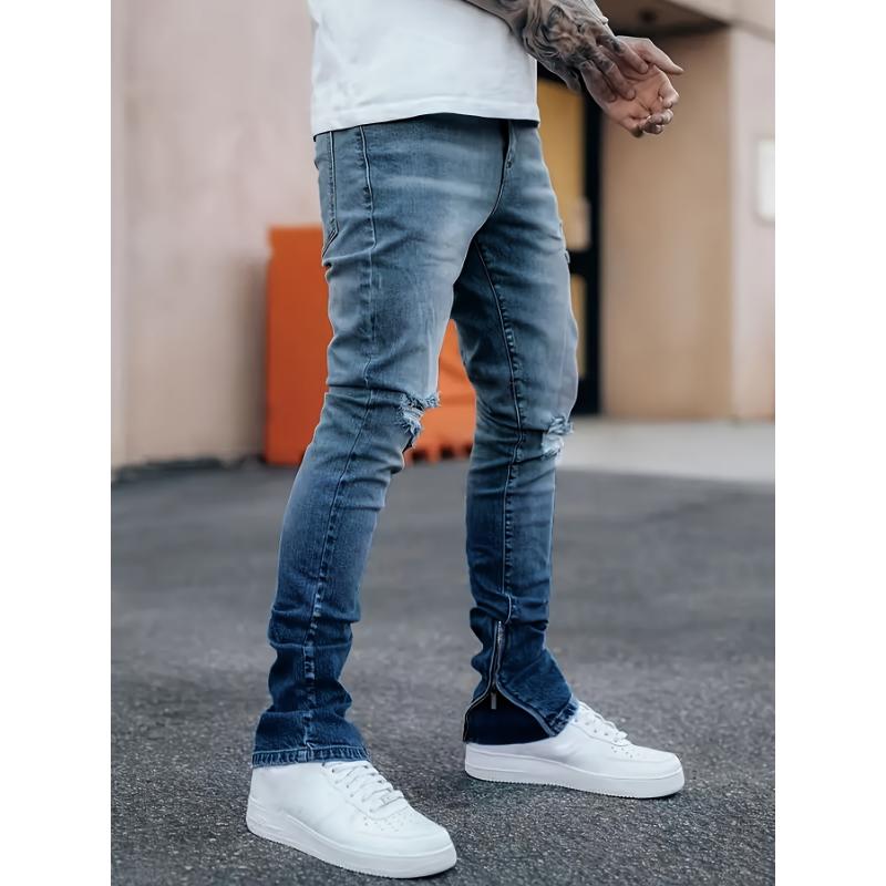 Mens Fashionable Slim Fit Ripped Jeans - Stylish Distressed Detail, Stretch Denim Comfort, Casual Street Style Pants for Everyday Wear