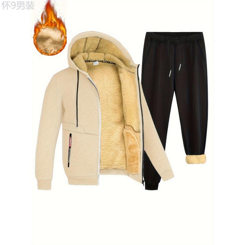 2pcs Fleece Lined Thermal Men's Warm Sets, Hooded Zip-up Jacket And Pants Sets For Casual Winter And Fall Outfit Clothing Fabric