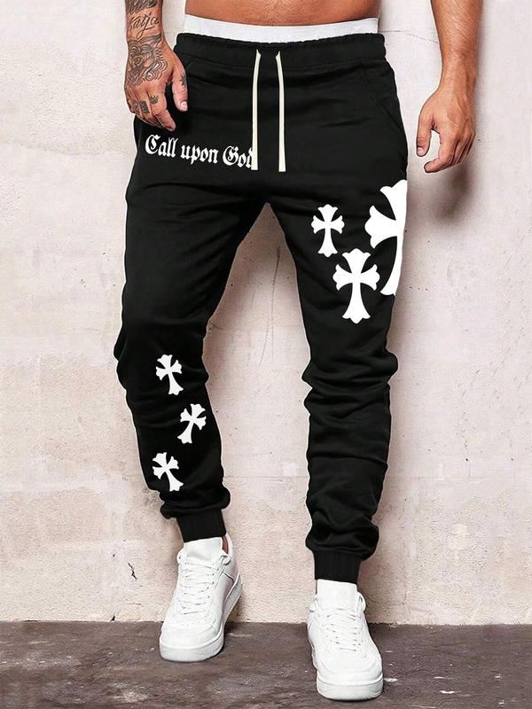 Men's Letter & Cross Print Drawstring Waist Sweatpants, Casual Street Pocket Elastic Waist Jogger Pants for Daily Wear, Mens Bottoms for All Seasons