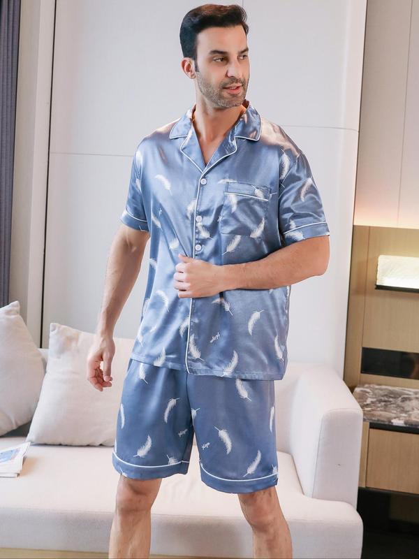 Three-Piece Set Men's All Over Print Button Front Pyjamas Set, Casual Pocket Shirt & Elastic Waist Pants & Contrast Binding Shorts, Men's Sleepwear Set for Summer