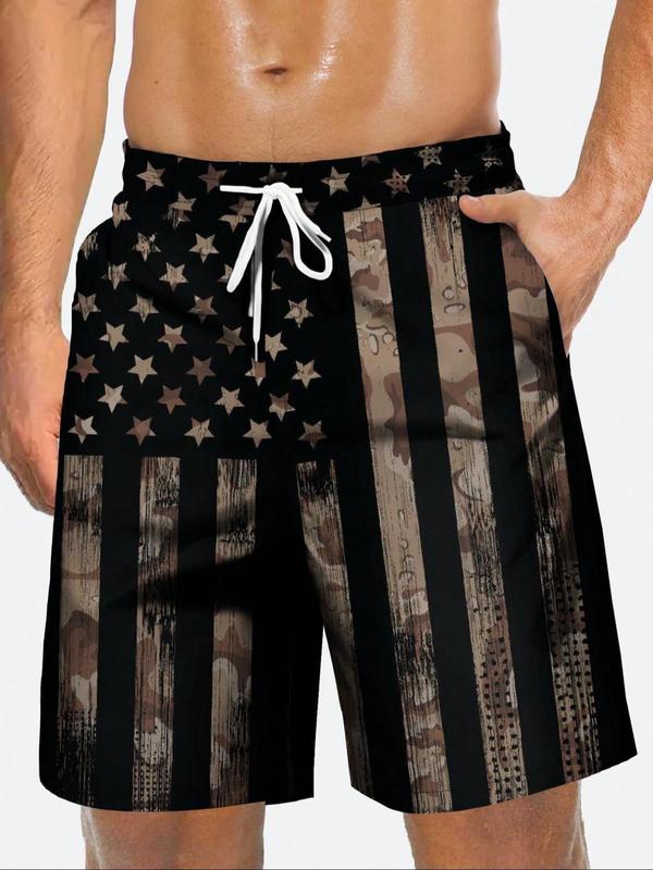 Men's Flag Print Drawstring Waist Shorts, Regular Fit Casual Elastic Waist Slant Pocket Shorts for All Seasons, Fashion Men's Bottoms for Daily Wear